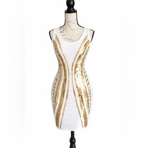 Elegant White and Gold Patterned Mini Dress